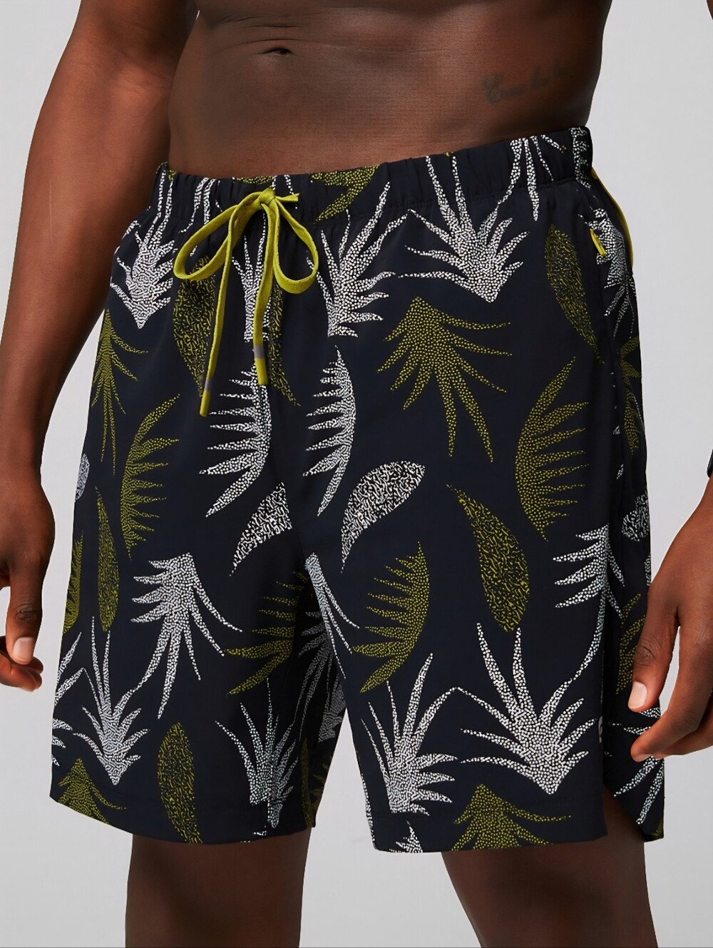 Fabletics The One Short Black with White and Olive Palm XL Swim Beach Workout